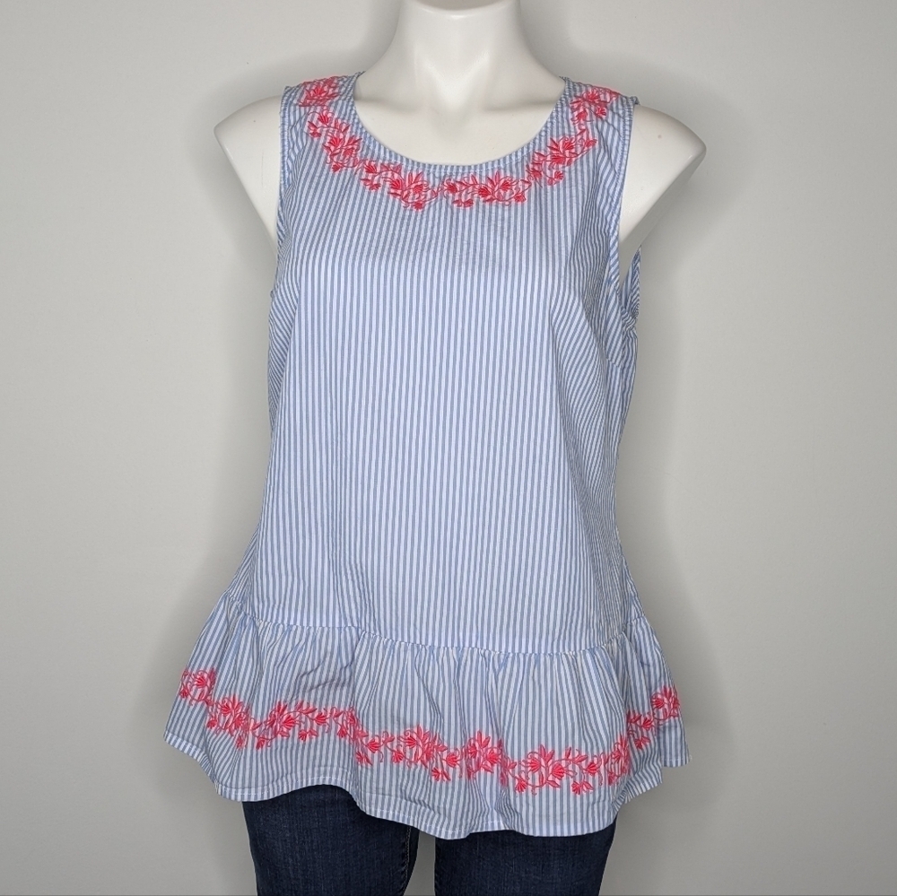 Sail To Sable blue white pink floral embroidered 100% cotton tank top blouse M